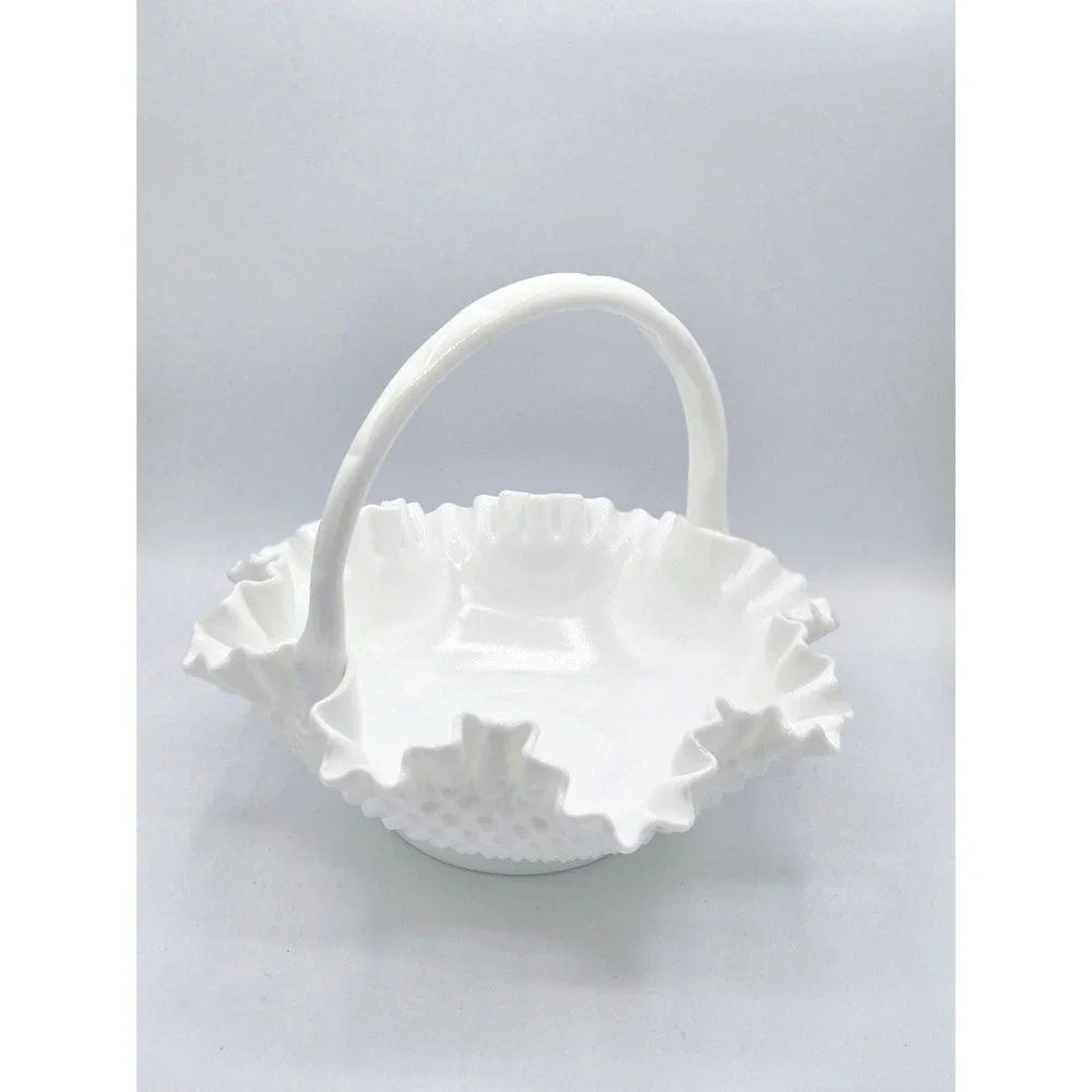 Vintage Fenton Milk Glass Hobnail‎ Basket - 12